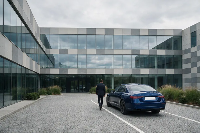A business traveller walking to an executive saloon outside a modern office