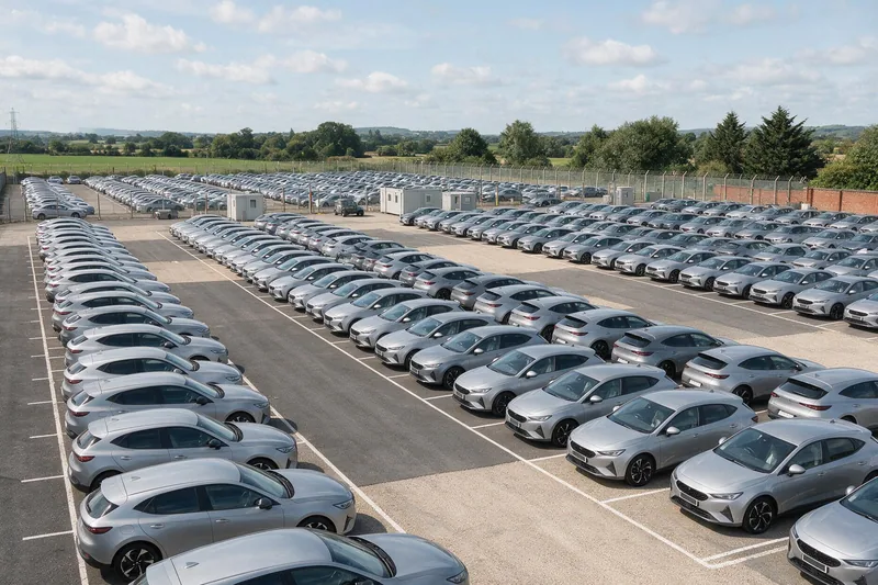 Rows of cars parked on a vehicle storage compound