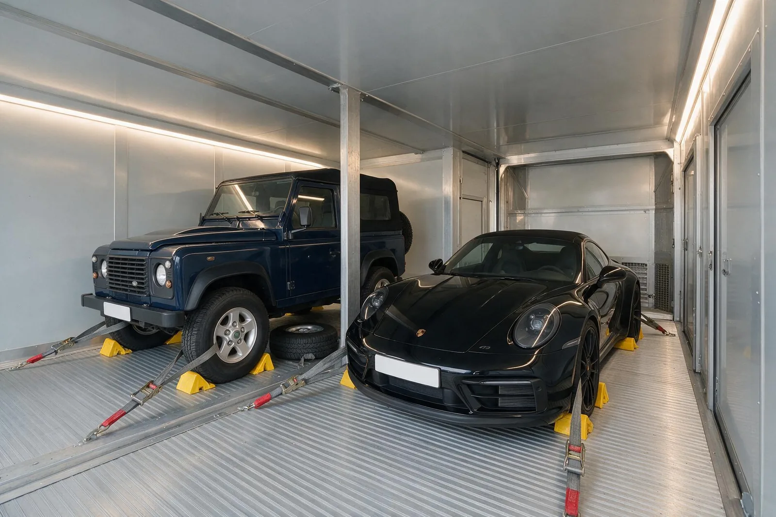 Two prestige vehicles strapped and chocked on a transporter deck