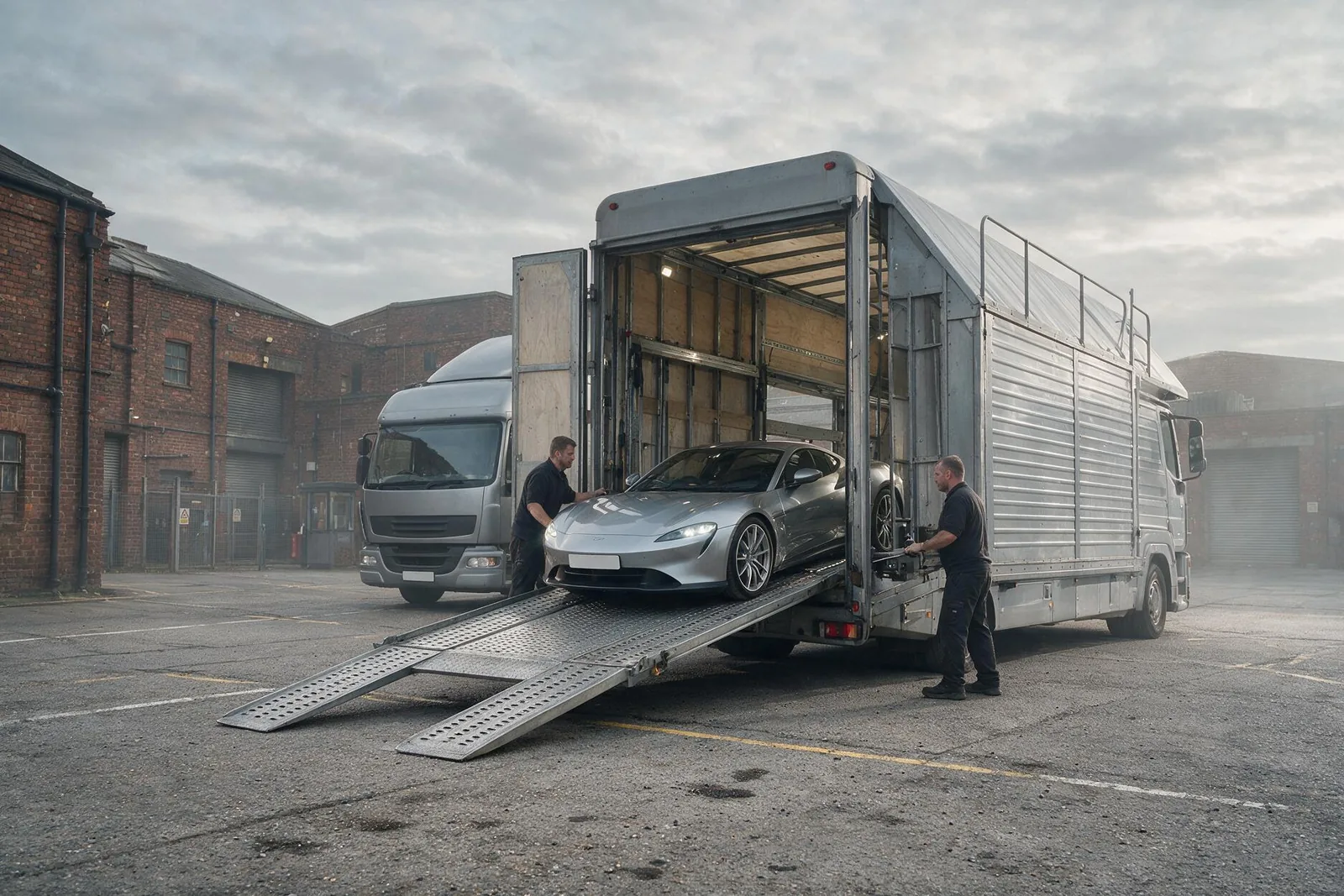 A sports car being loaded onto a transporter